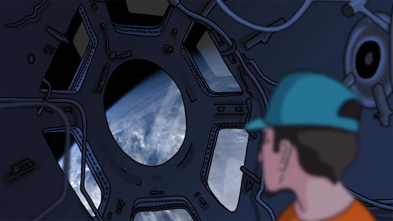 still of space man dad looking out over Earth taken from the short animation a Story From Space